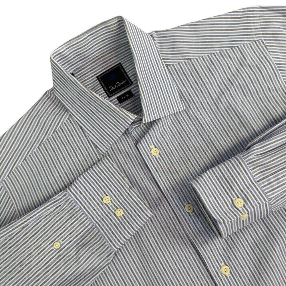 David Donahue Trim Fit Dress Shirt 16 32/33 Blue Stripes Button Up Long Sleeve